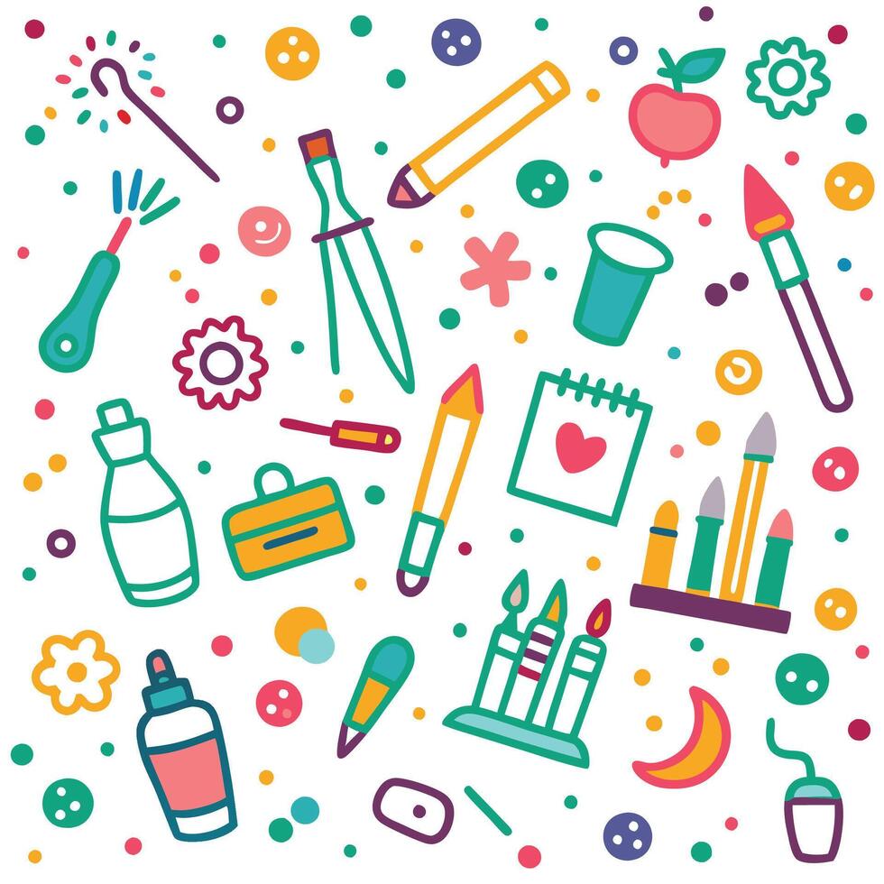 a colorful set of objects that include a pencil, a paintbrush, a cup, a bottle vector