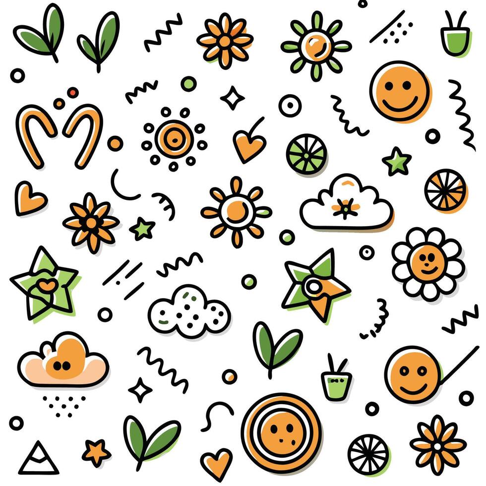 a colorful set of doodles with flowers and clouds vector