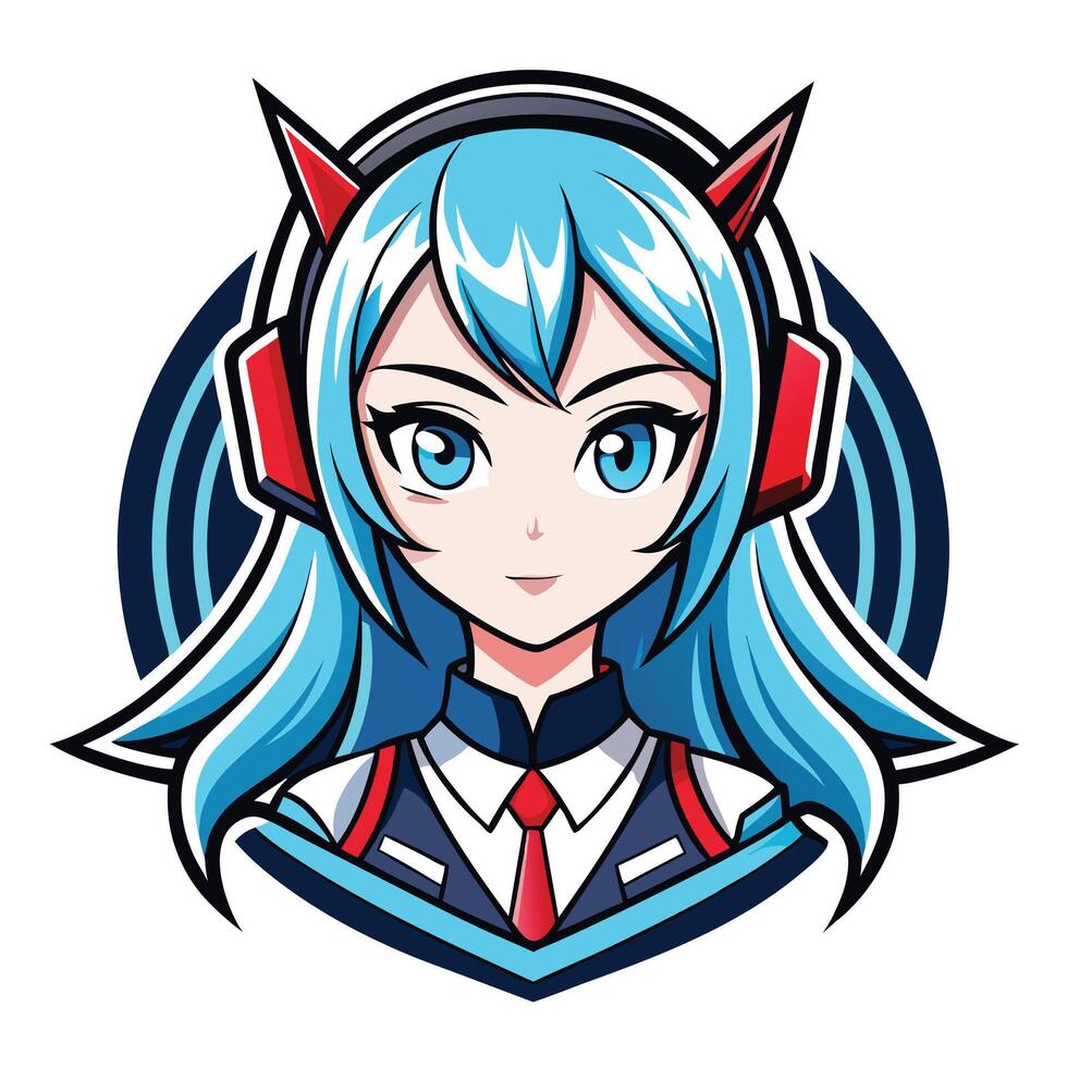 an anime girl with blue hair and red eyes vector