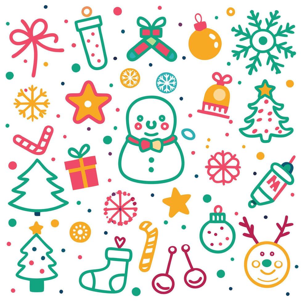 christmas icons set with snowman, tree, presents, and other items vector