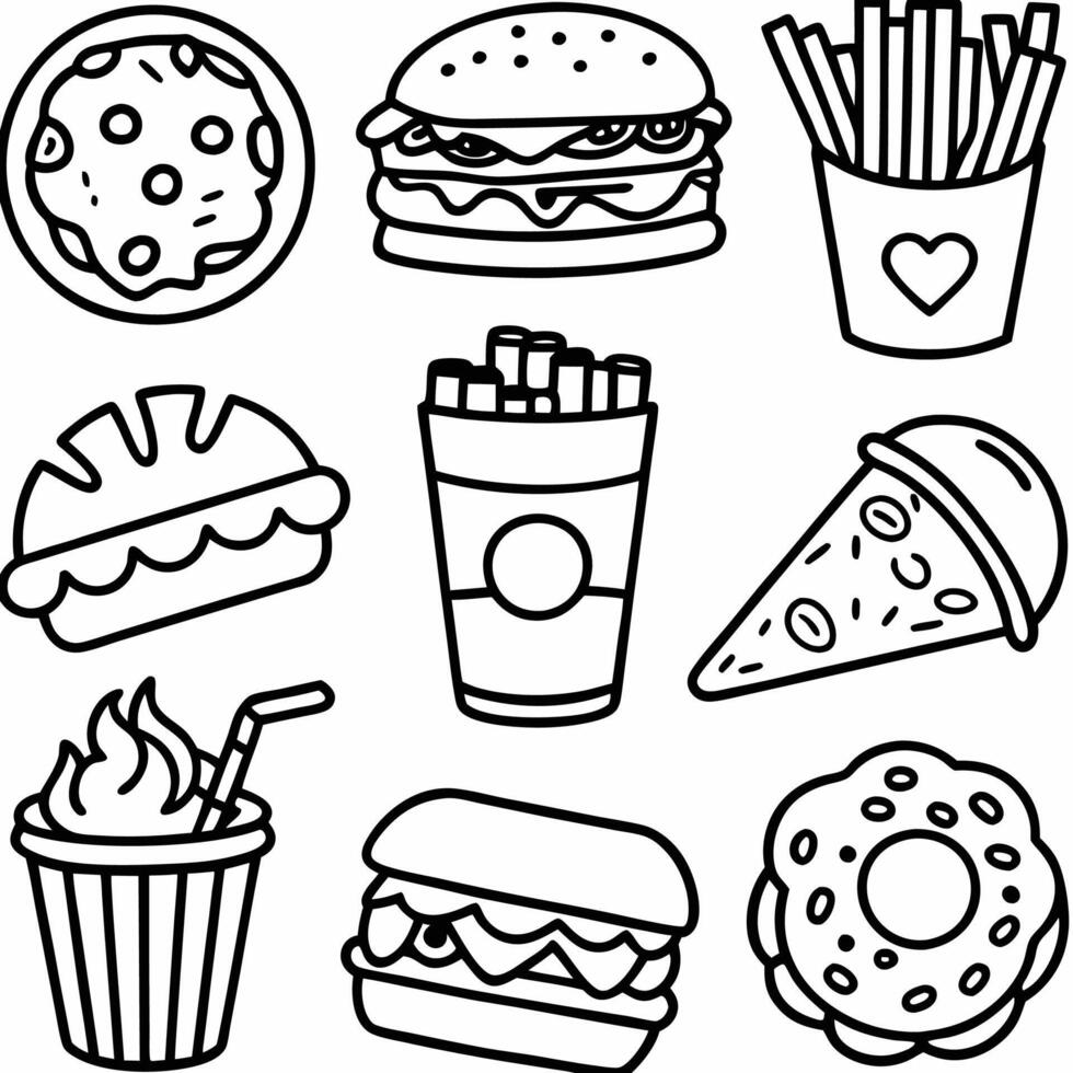 a set of fast food items including pizza, burgers, fries and more vector