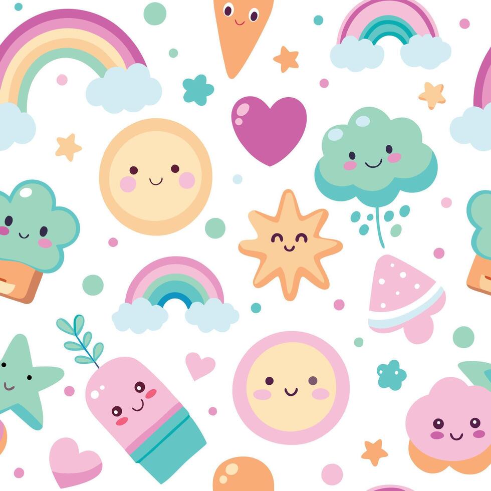 cute kawaii seamless pattern with cute cartoon characters vector