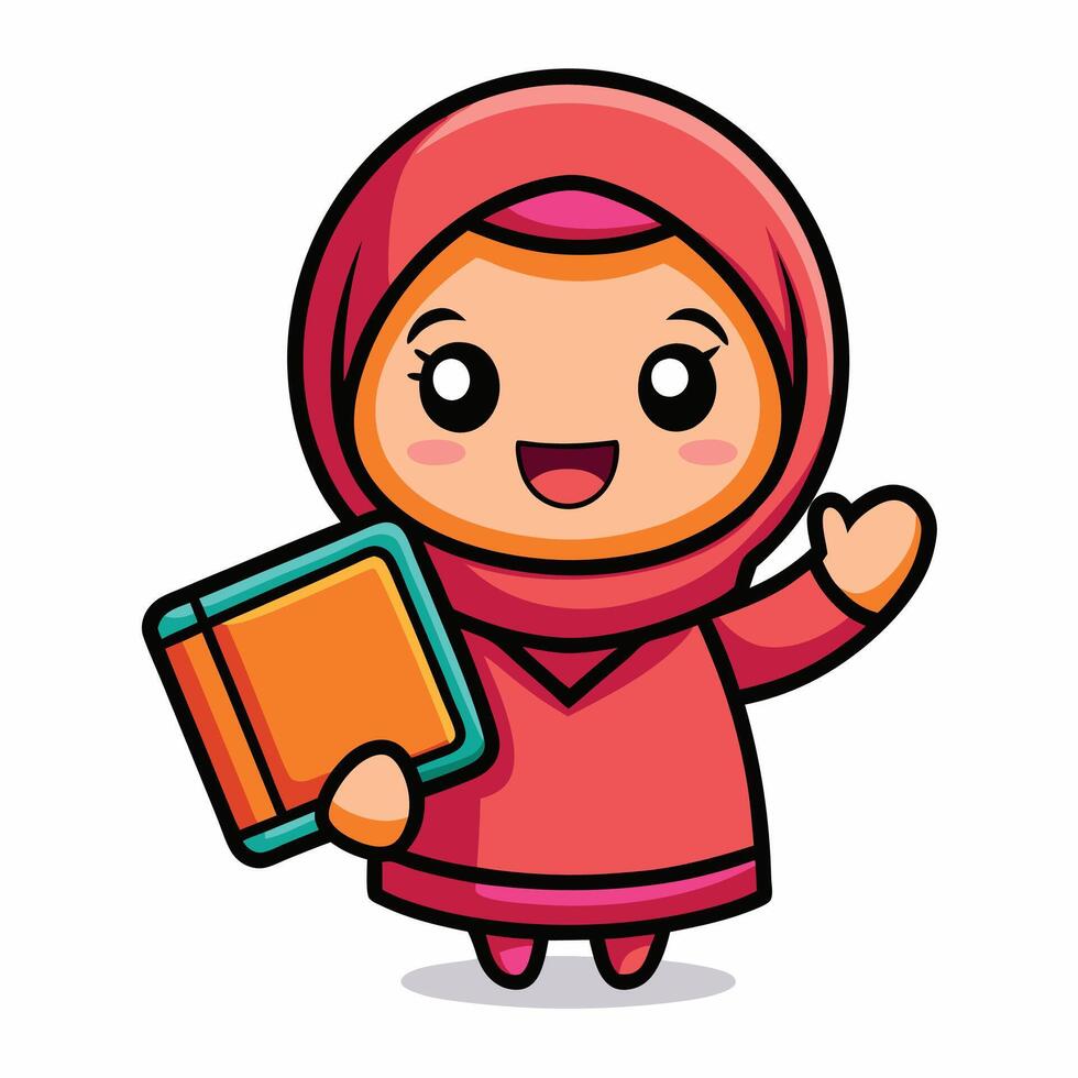 cartoon muslim girl holding a book and smiling vector