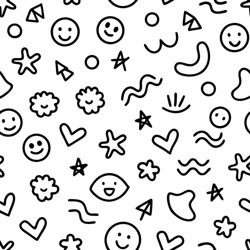 a black and white pattern with smiley faces and hearts vector