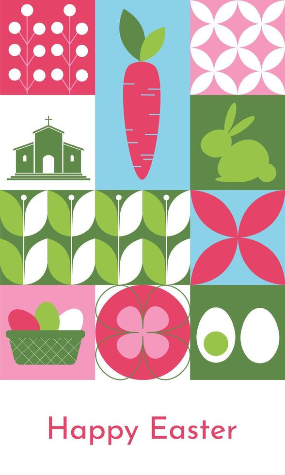 Geometric mosaic banner for Easter with traditional symbols. Easter greeting card with modern minimalist design. vector