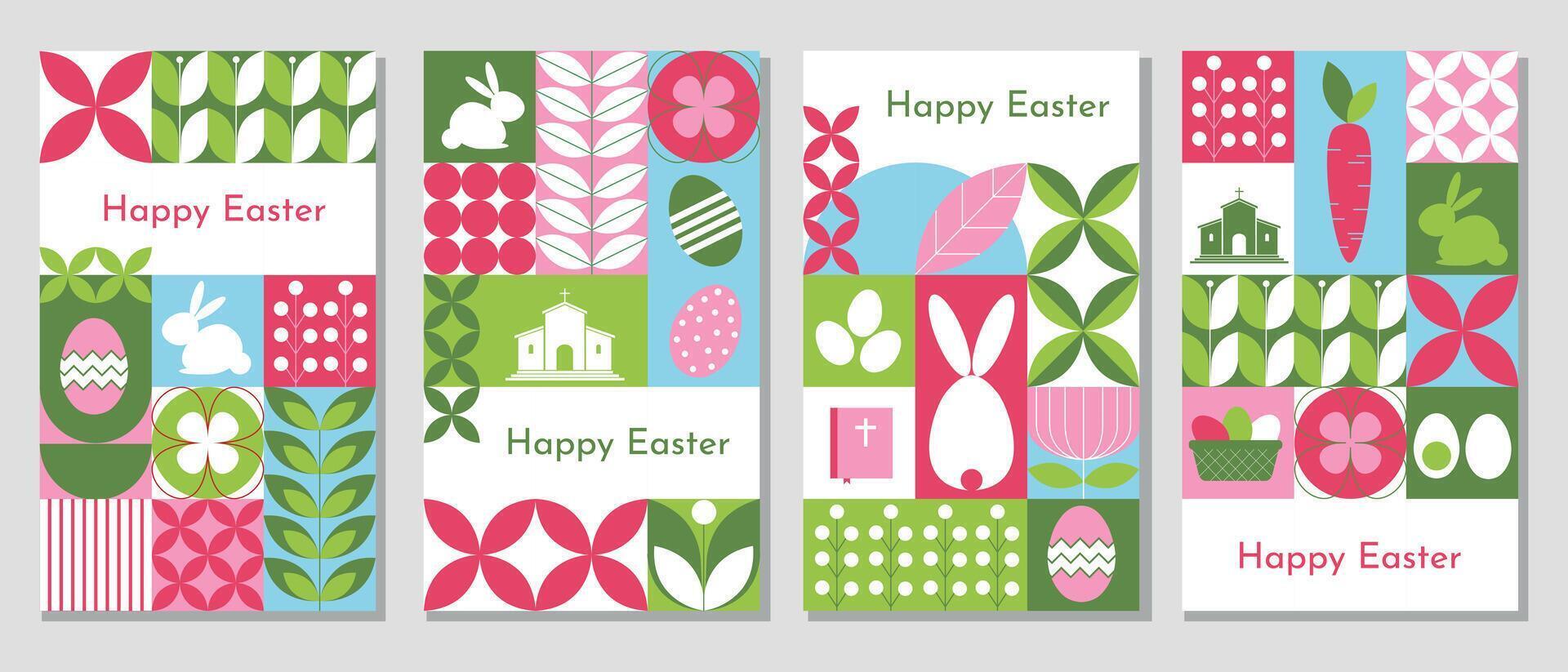Set of Easter geometric banners, posters, greeting cards. Modern minimalist style. Traditional mosaic symbols. vector
