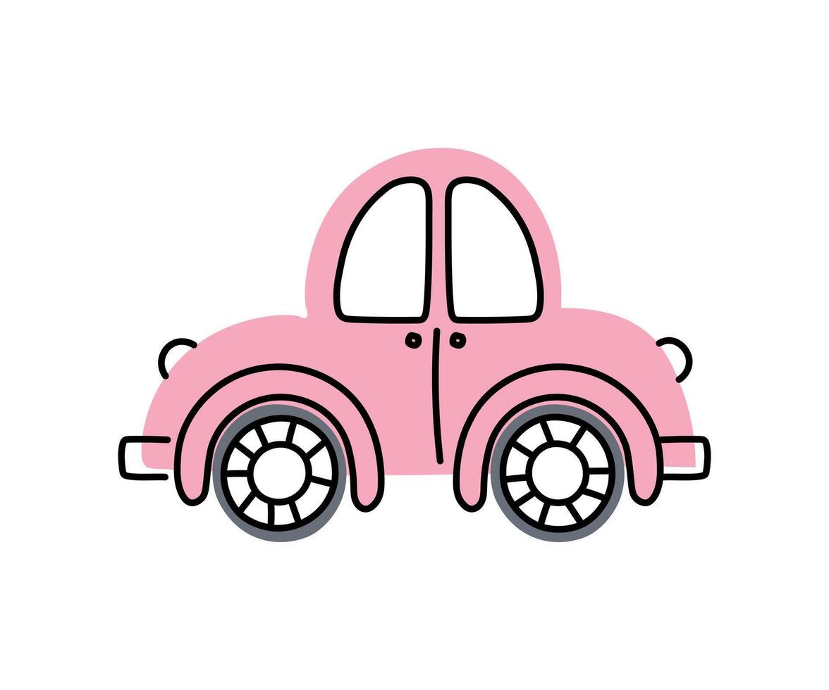 Cute doodle car for kids. Simple icon of a pink retro car on a white background. vector