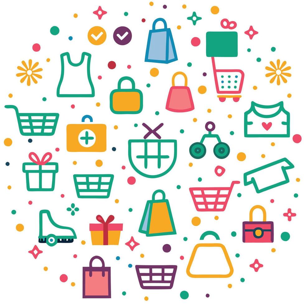 shopping icons in a circle with various items vector
