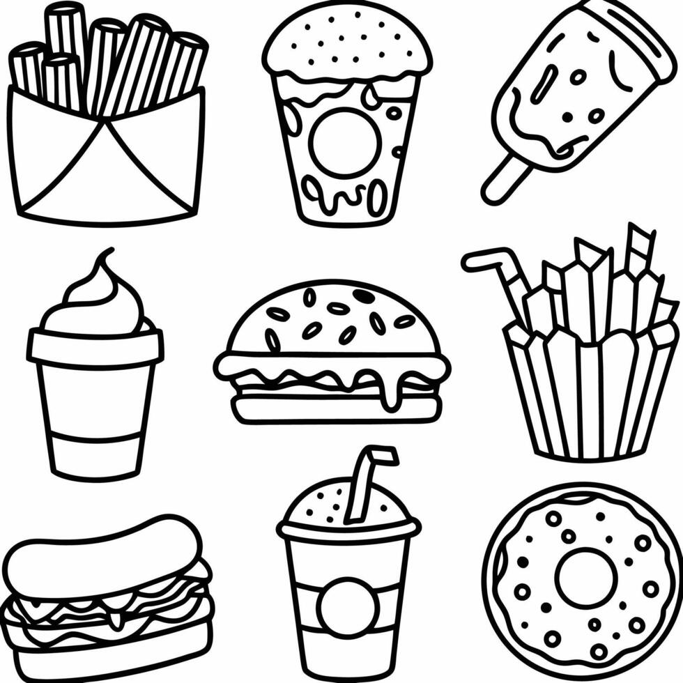 fast food icons set, including hamburgers, fries, and donuts vector