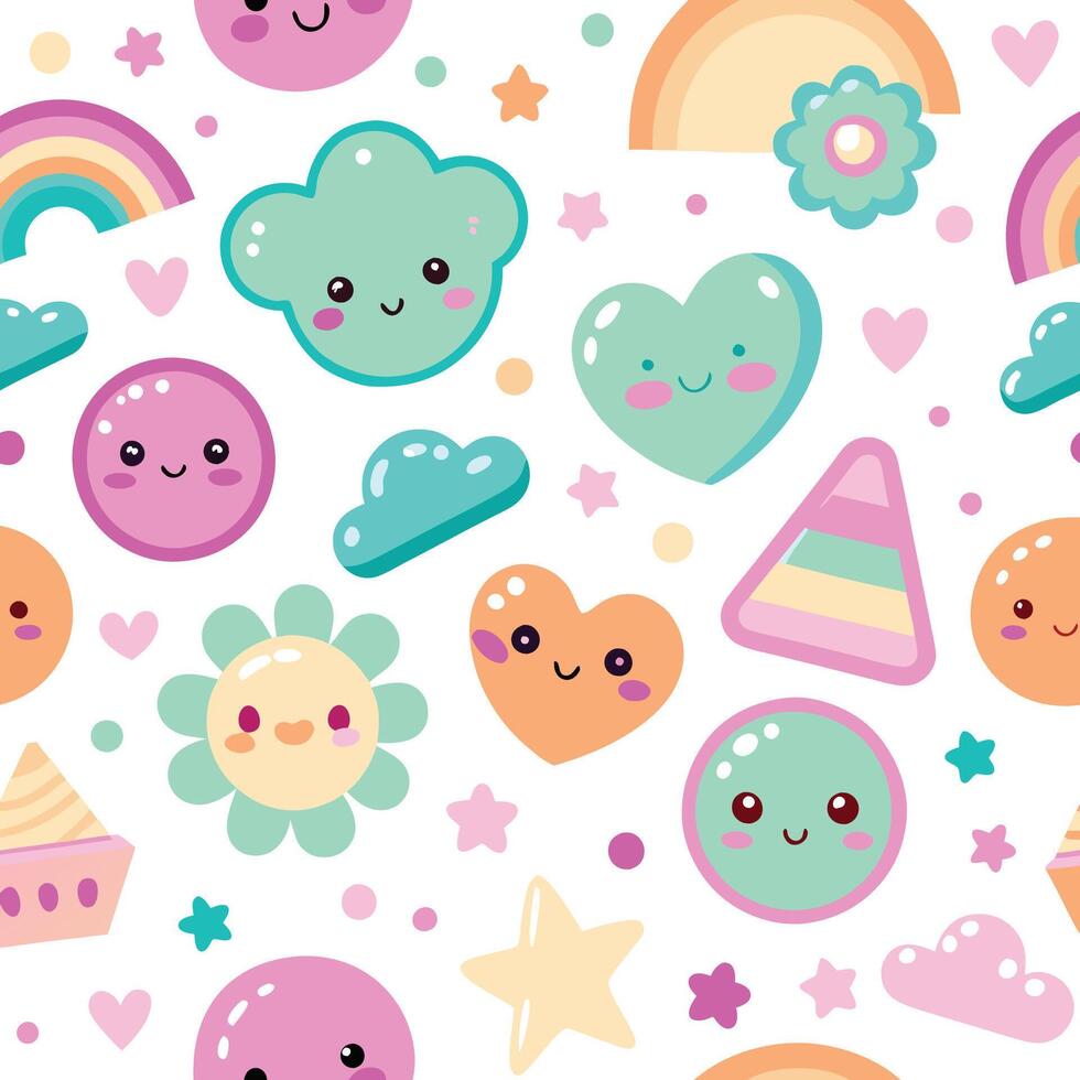 cute kawaii seamless pattern with hearts, rainbows and clouds vector