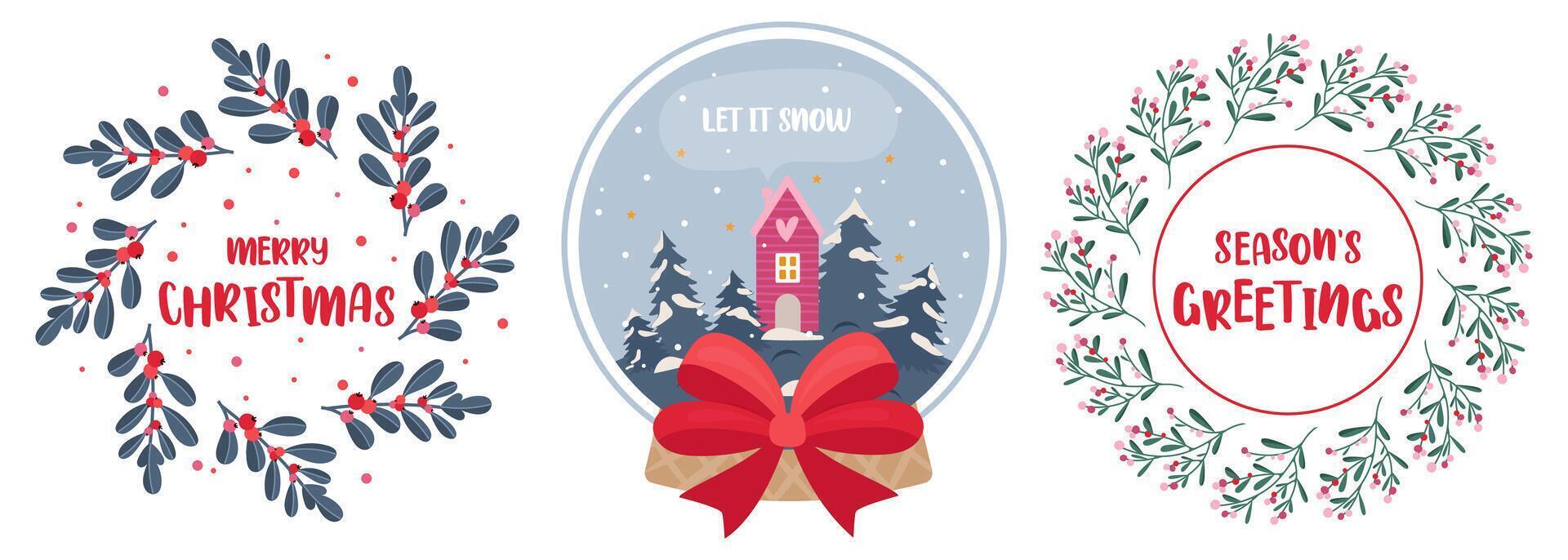 Set of Christmas wreath. Hand drawn illustration, flat style. Great for poster, greeting card, sticker vector