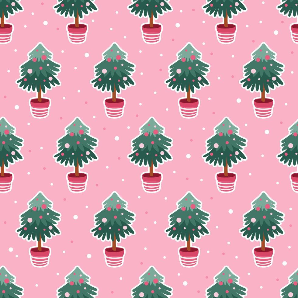 Winter seamless pattern with Christmas tree on pink background. Trendy colors. Flat style illustration, design for poster, banner vector