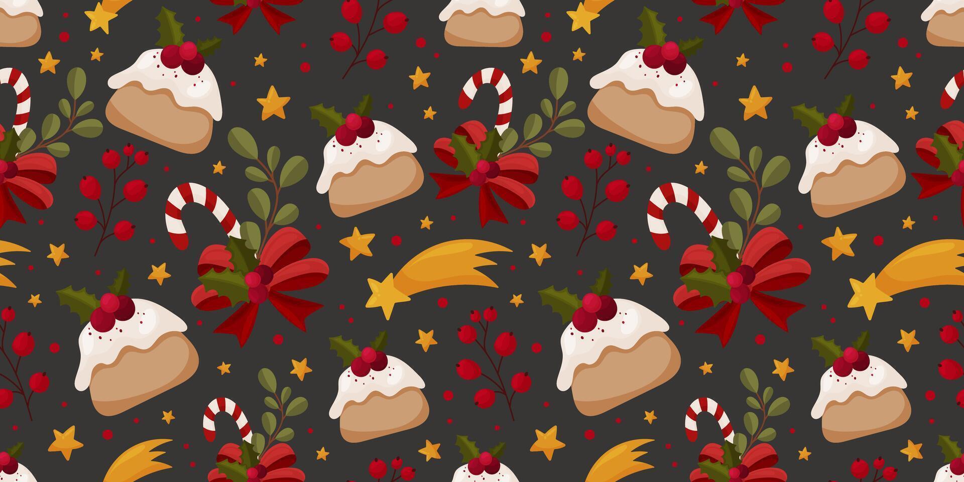 Winter pattern with winter elements candy cane, pie, stars, branches, ribbon bow. Cartoon style illustration vector
