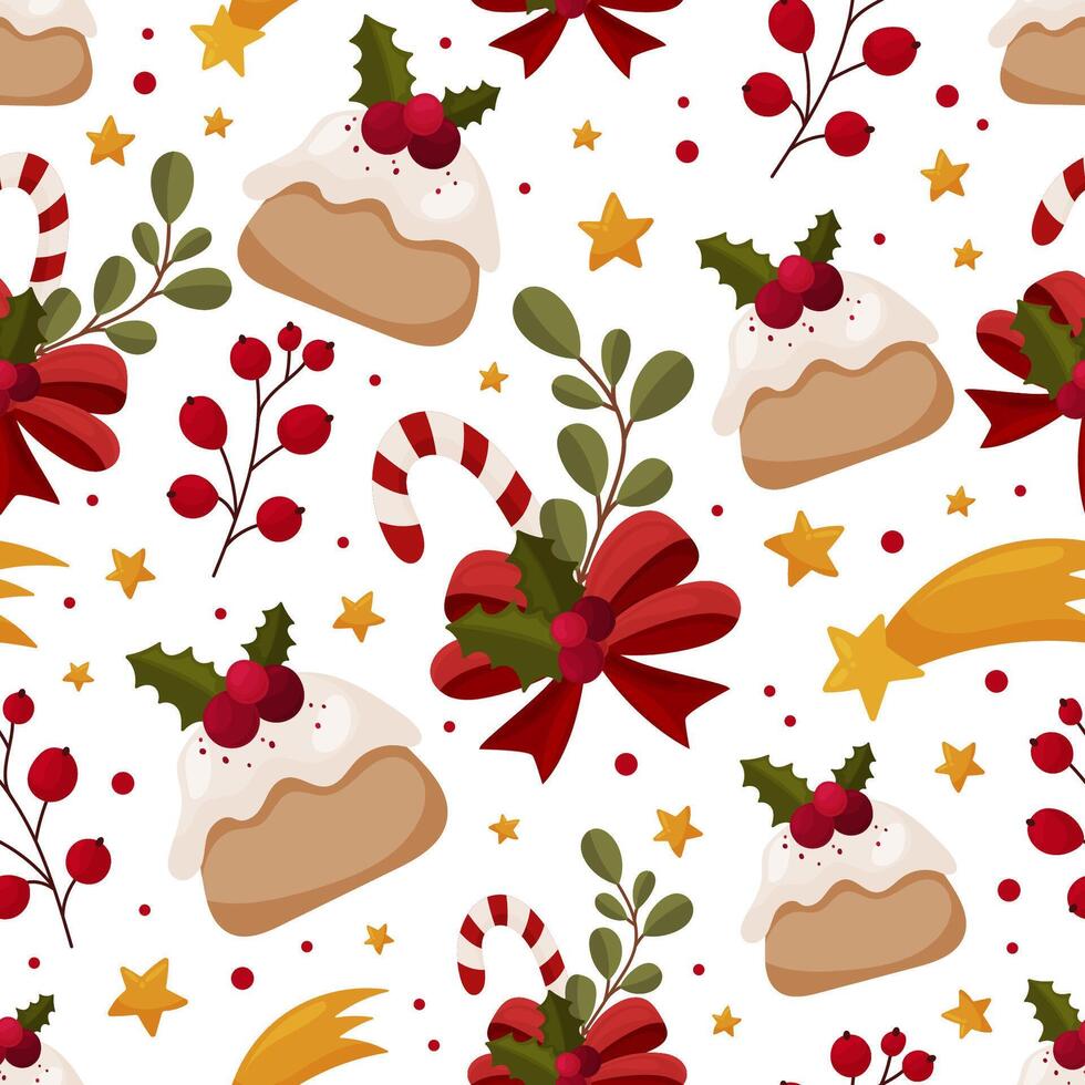 Pattern with Christmas elements star, pie, cake, bow, candy cane, red berry. Ornament for winter greeting cards, poster vector