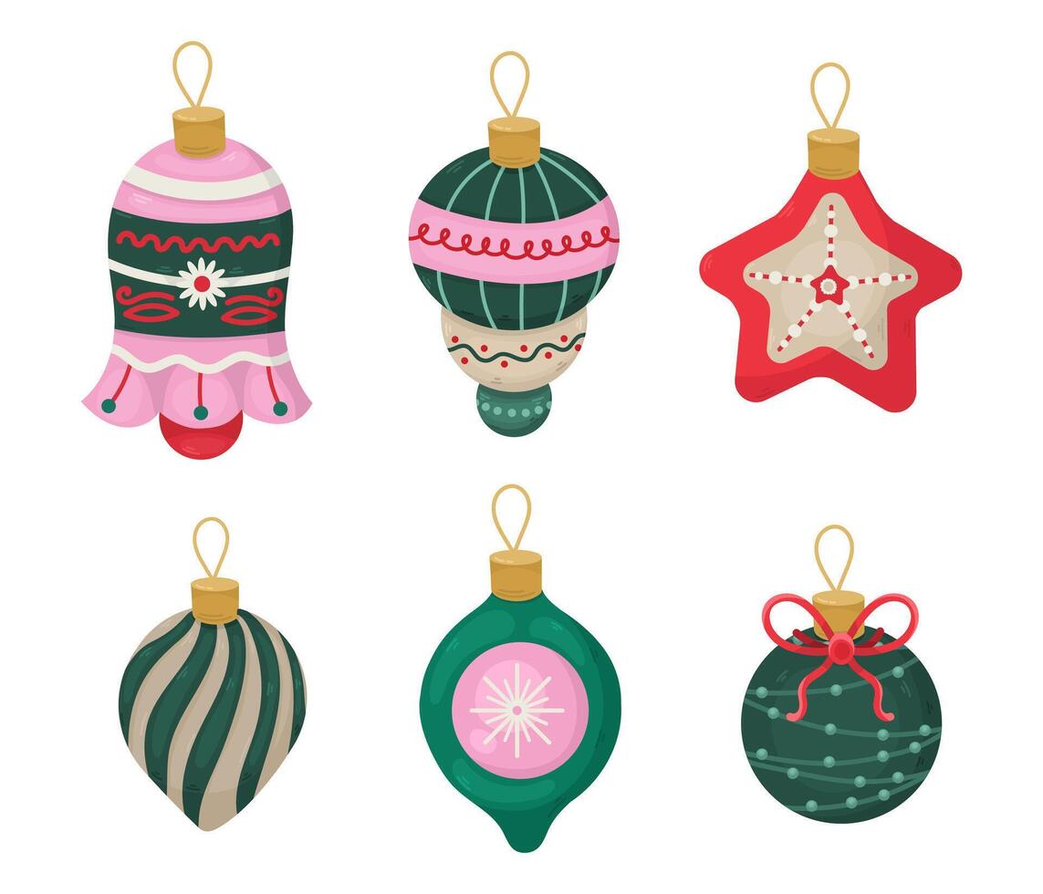 Bright Set of cartoon New Year's toys for the Christmas tree, illustration vector