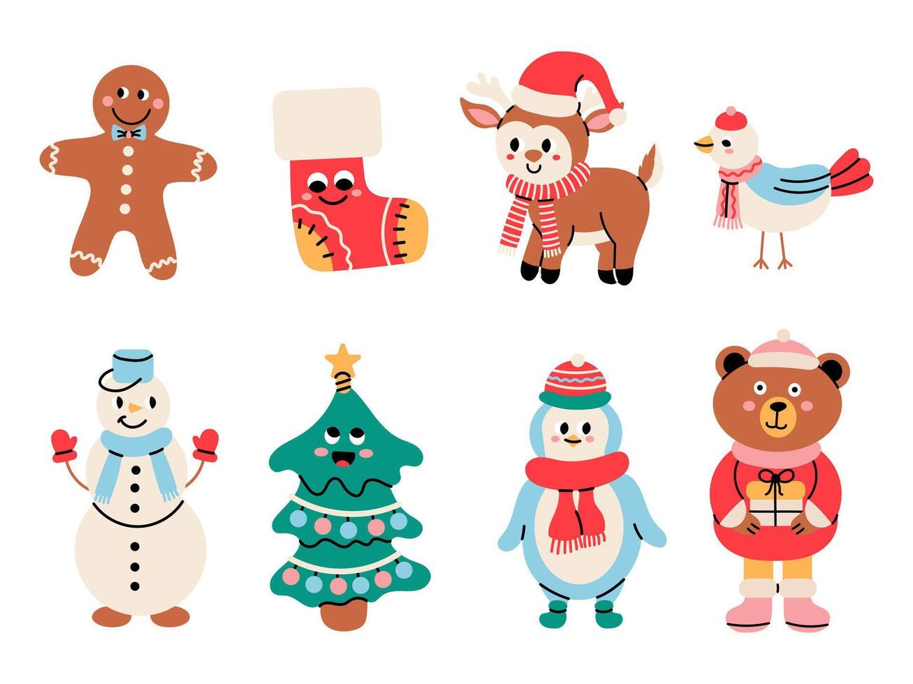 Set with cartoon cute New Year characters on white background. Animals deer, Christmas tree, snowman, penguin and others. Illustration cute children's design vector