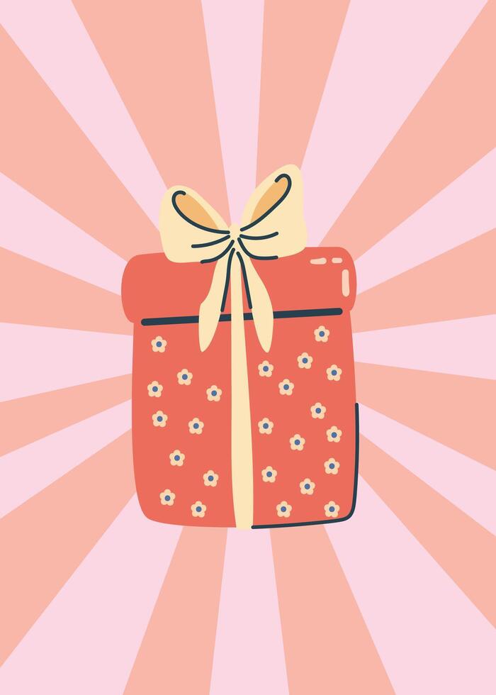 Retro postcard featuring giftbox with bow and chamomiles vector