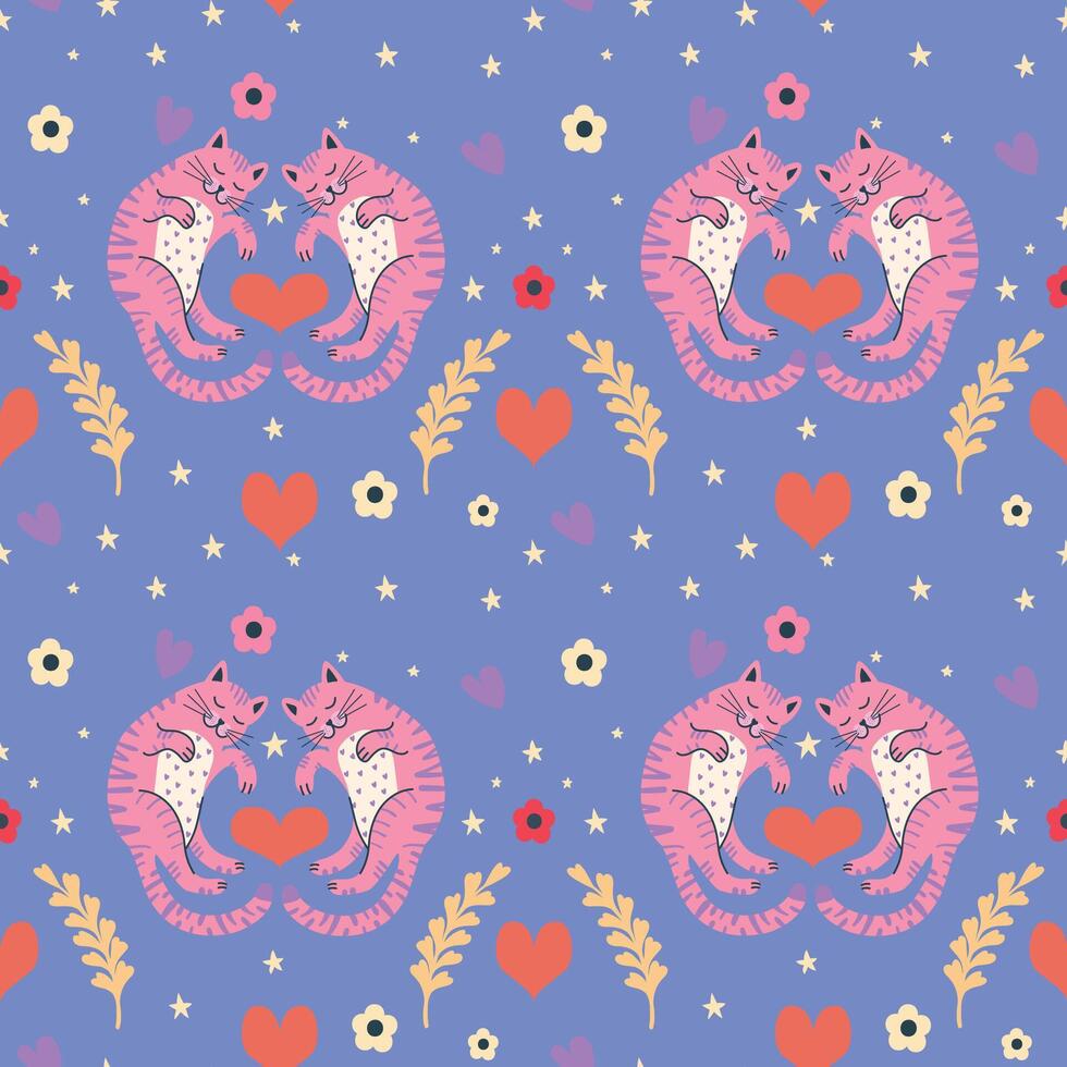 Pattern featuring st. Valentine's cat on purple background vector