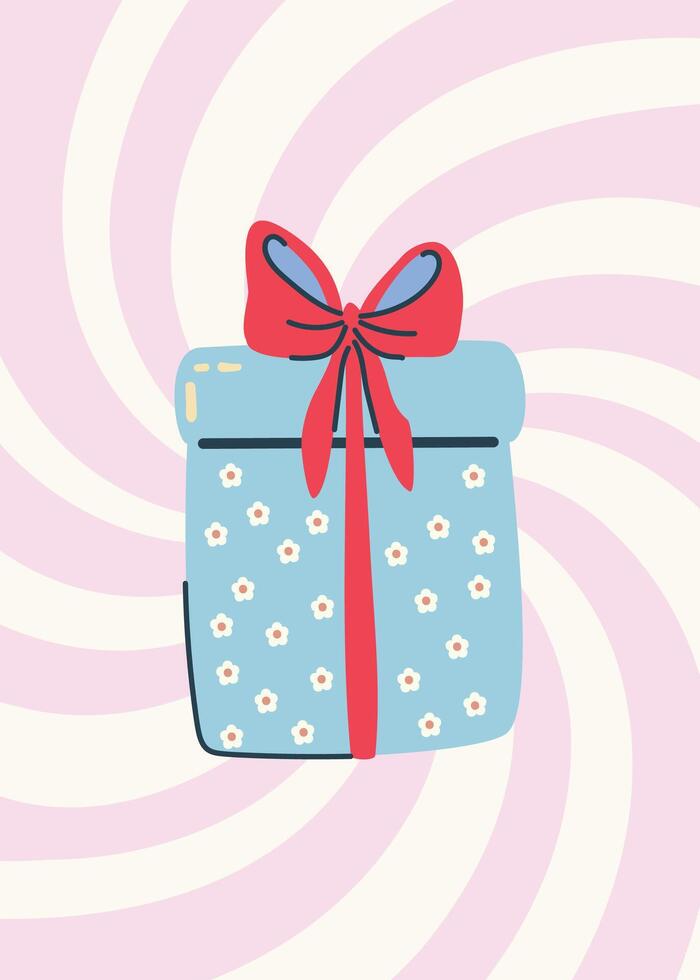 Retro poster with gift box featuring redpink bow and chamomiles vector
