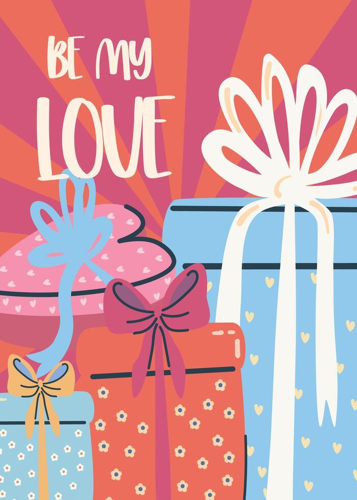 Retro postcard with gift boxes and be my love letters vector