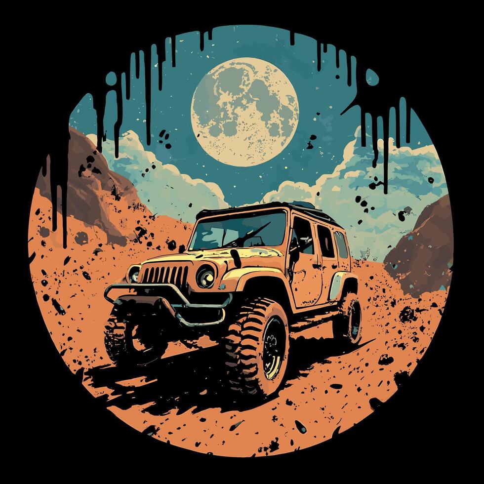 A jeep driving through the desert with a full moon in the background vector