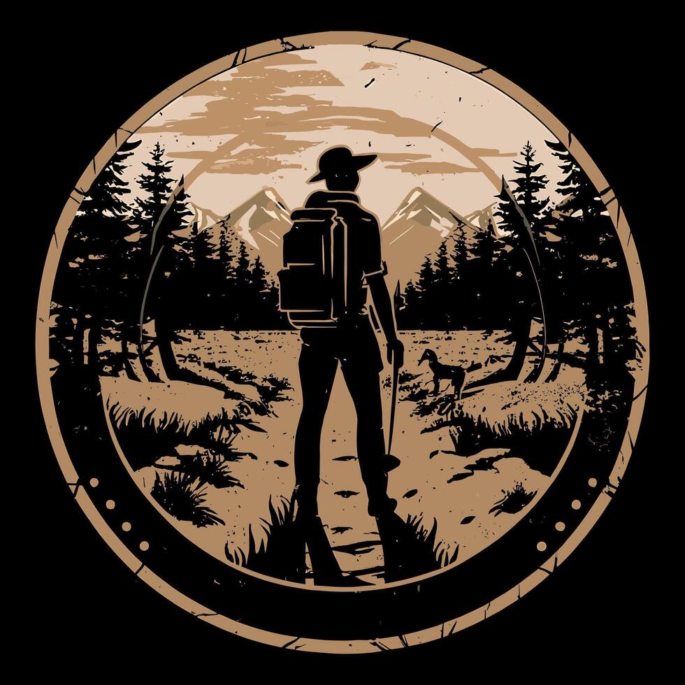 A man with a backpack and hiking trail in the woods vector