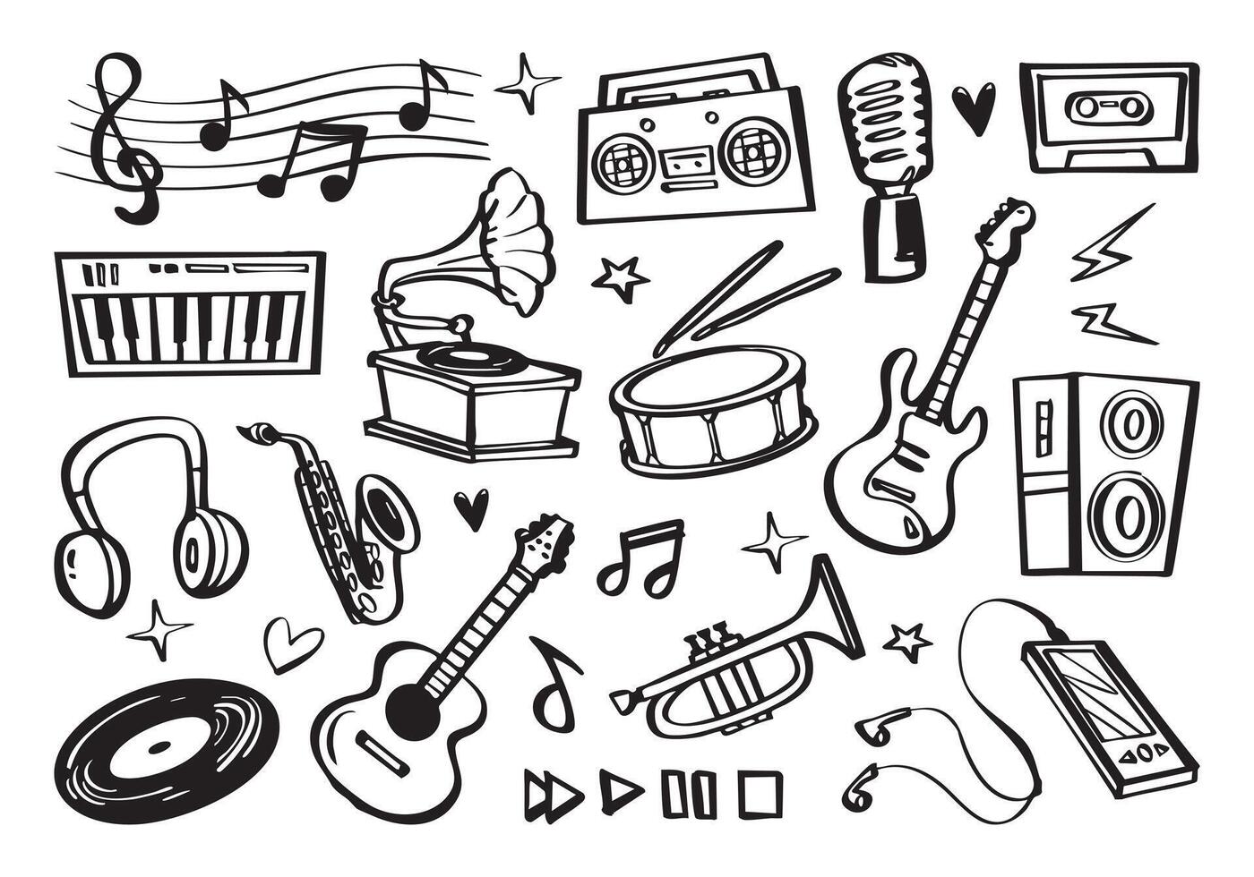 Set of musical instruments and symbols in doodle style. Cartoon illustration vector