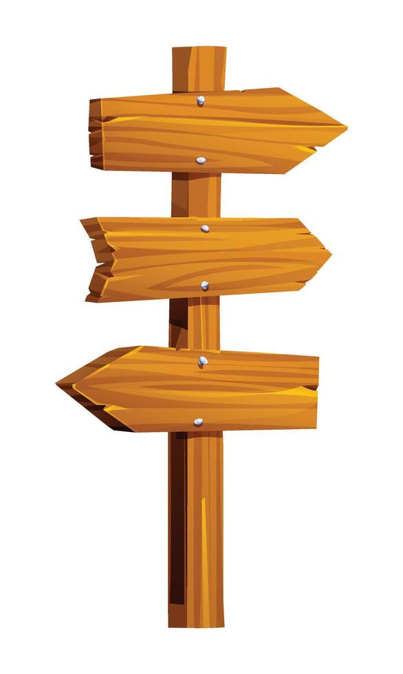 Wooden signpost with three directional arrows pointing left and right. Cartoon illustration vector