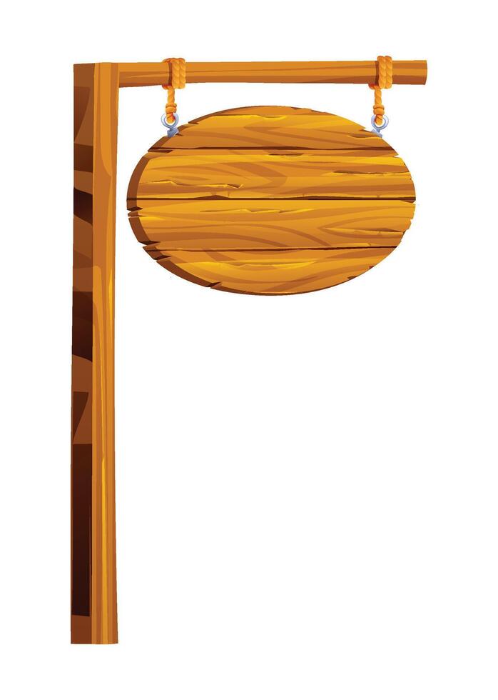 Oval shaped wooden signboard hanging on a post with ropes. Cartoon illustration vector