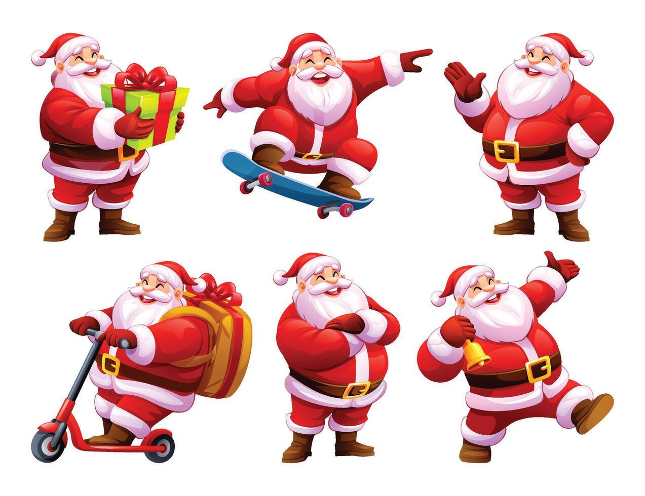 Set of Santa Claus characters in various poses and activities. Cartoon illustration vector