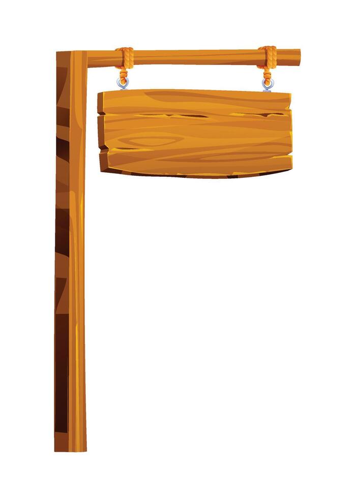 Wooden signboard hanging on a post with ropes. Cartoon illustration vector