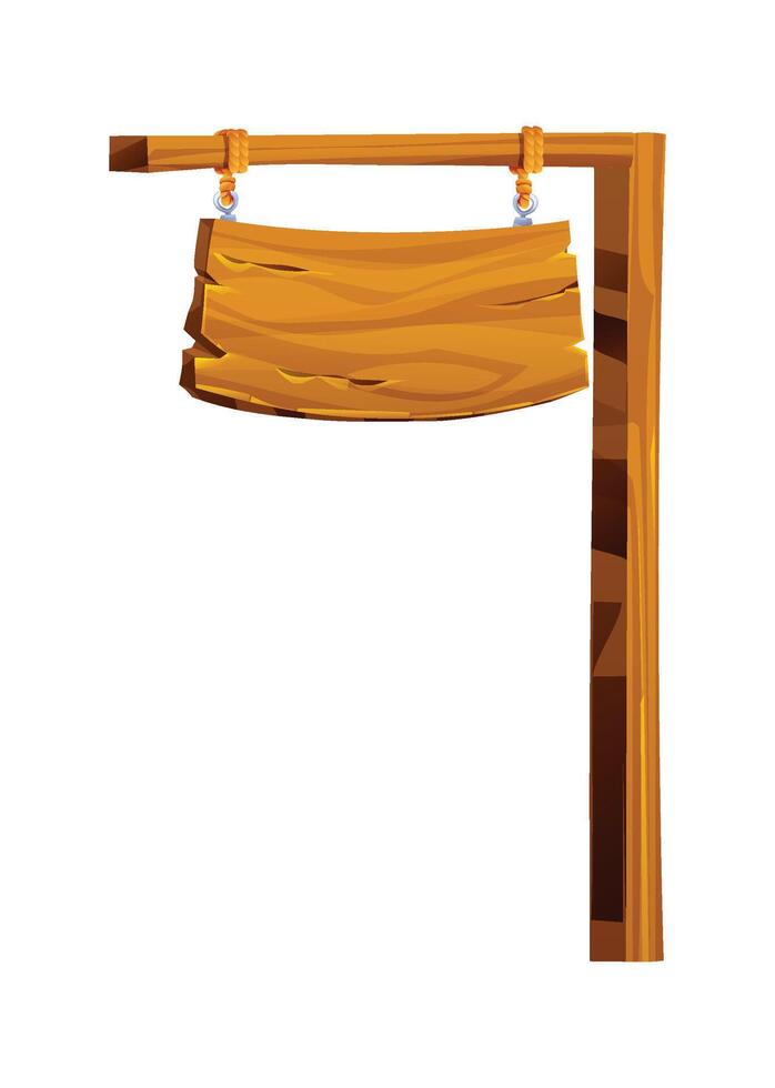 Wooden signboard hanging on a post with ropes. Cartoon illustration on isolated white background vector