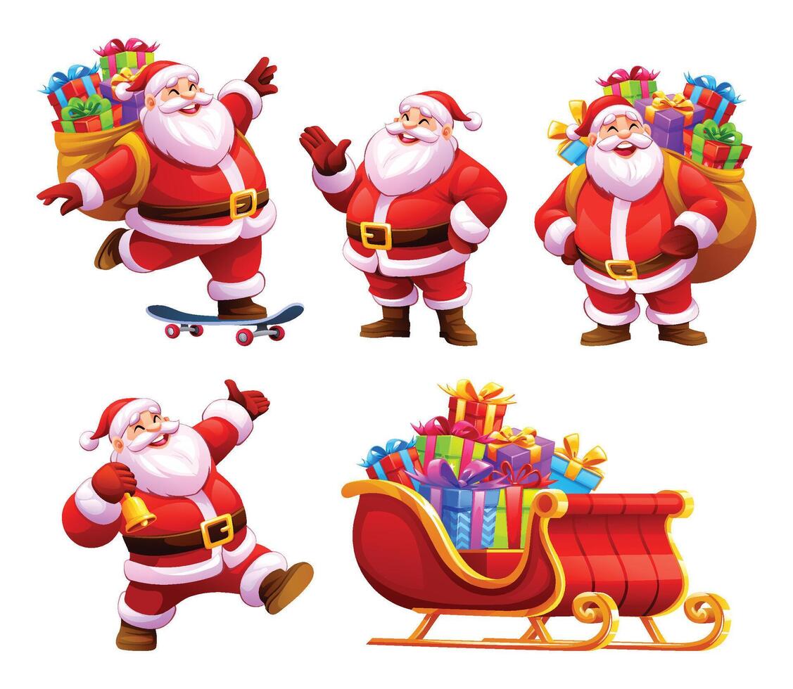 Set of Santa Claus characters in various poses with gifts and sleigh. Cartoon illustration vector