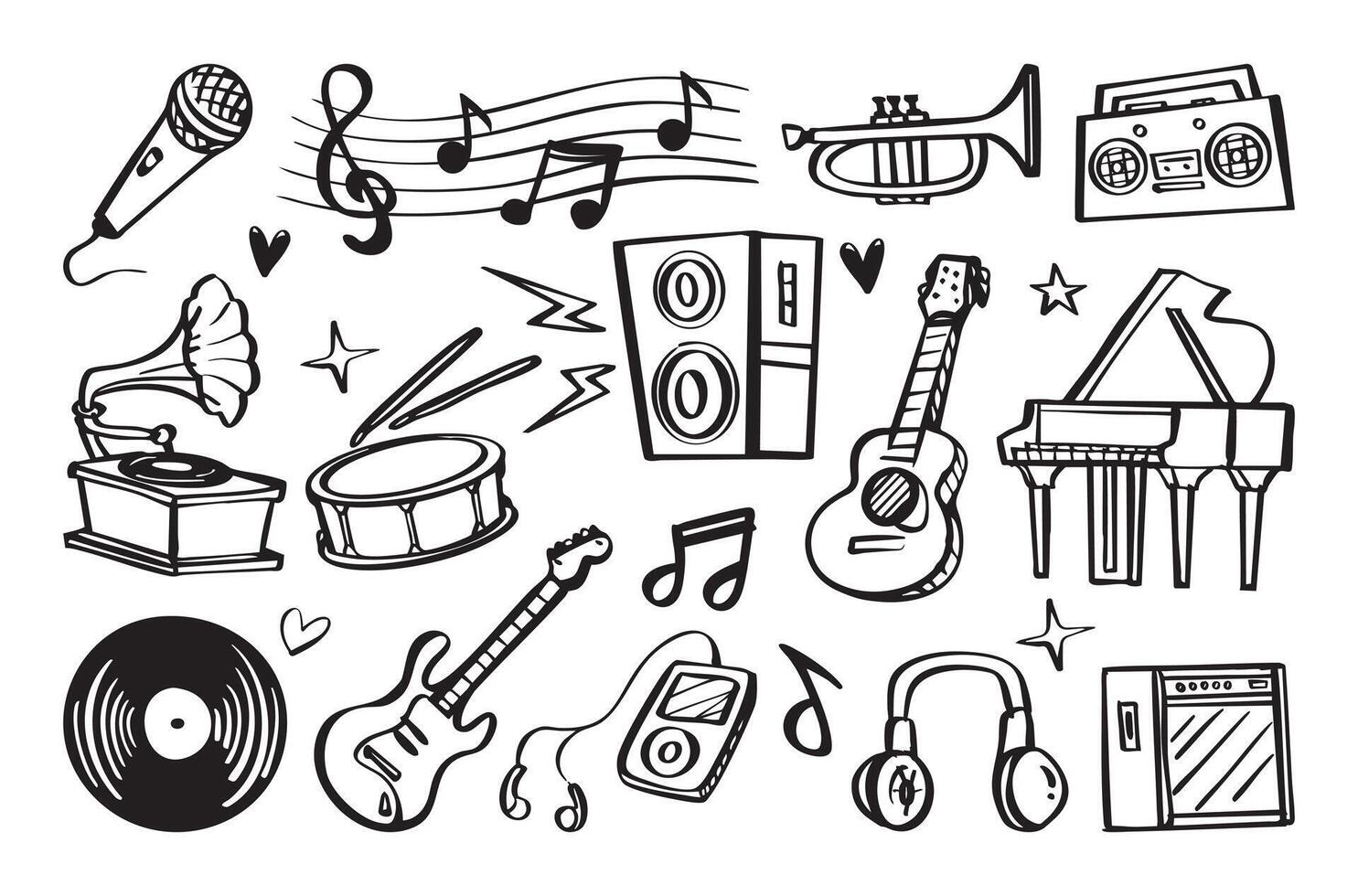 Set of various musical instruments in doodle style with guitar, drum, and musical scale. Cartoon illustration vector
