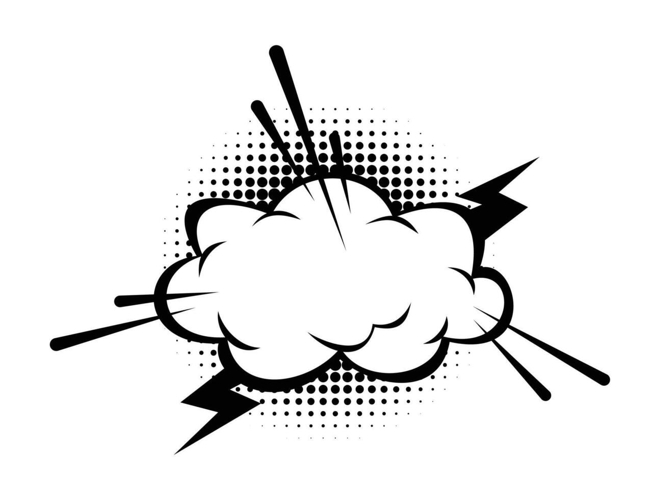 Comic style speech bubble explosion with halftone dots and lightning bolts. Cartoon illustration vector