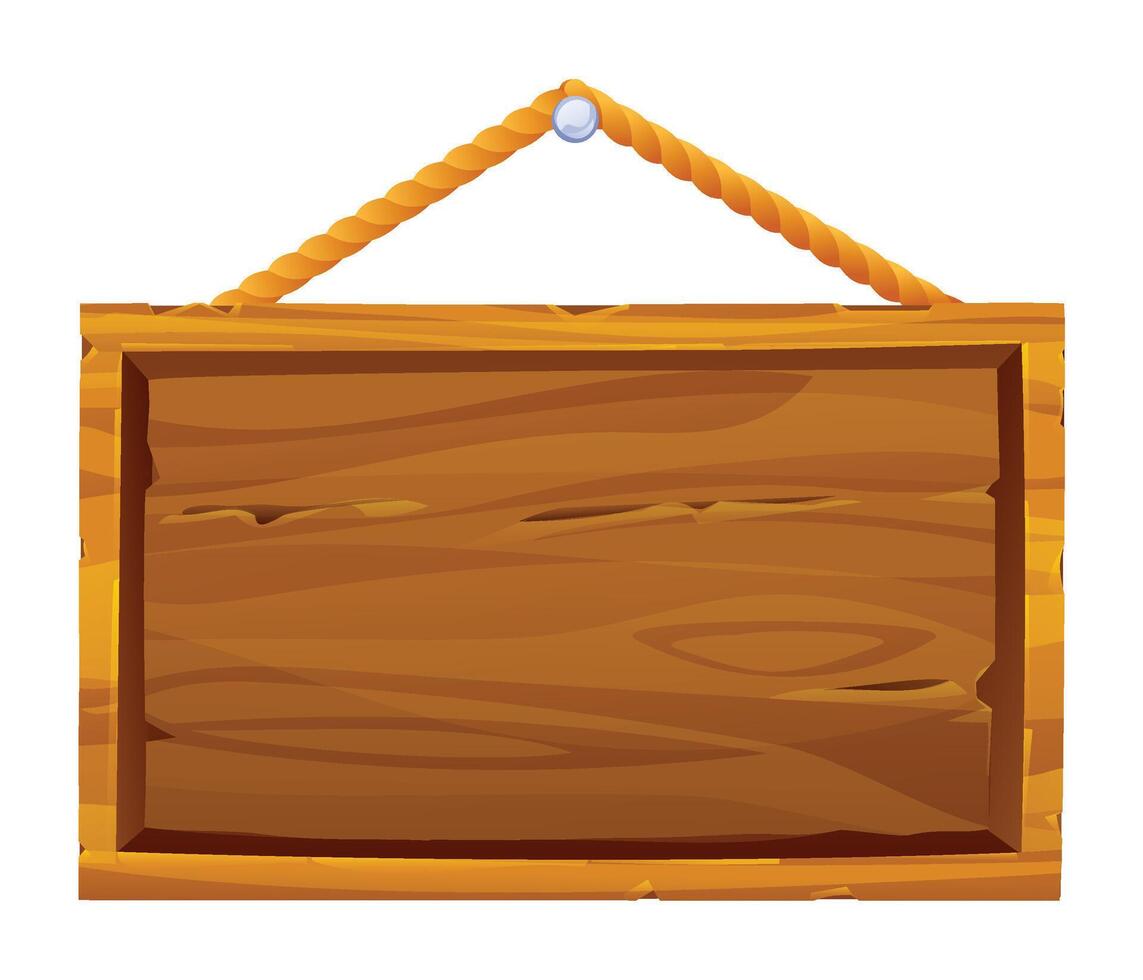 Wooden signboard with rope hanging on a nail. Cartoon illustration vector