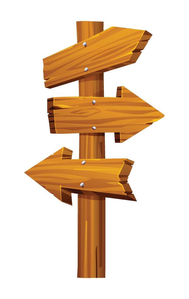Wooden signpost with three blank directional arrows on a white background. Cartoon illustration vector