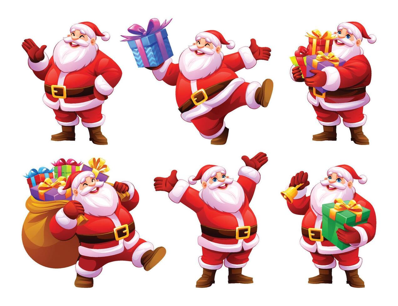 Set of Santa Claus characters in various poses with gifts and sack. Cartoon illustration vector