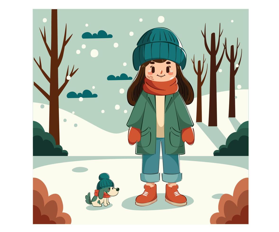 Girl is Playing Dog Winter Day vector