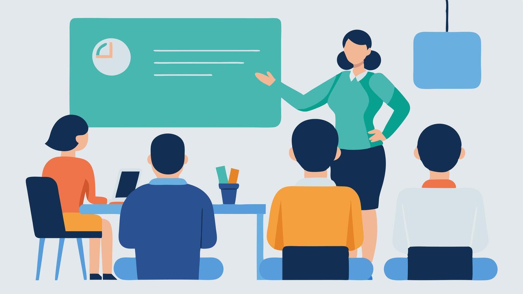 Training Session A consultant leading a training session using a projector to showcase case studies of ethical AI practices with attentive participants taking notes.. vector