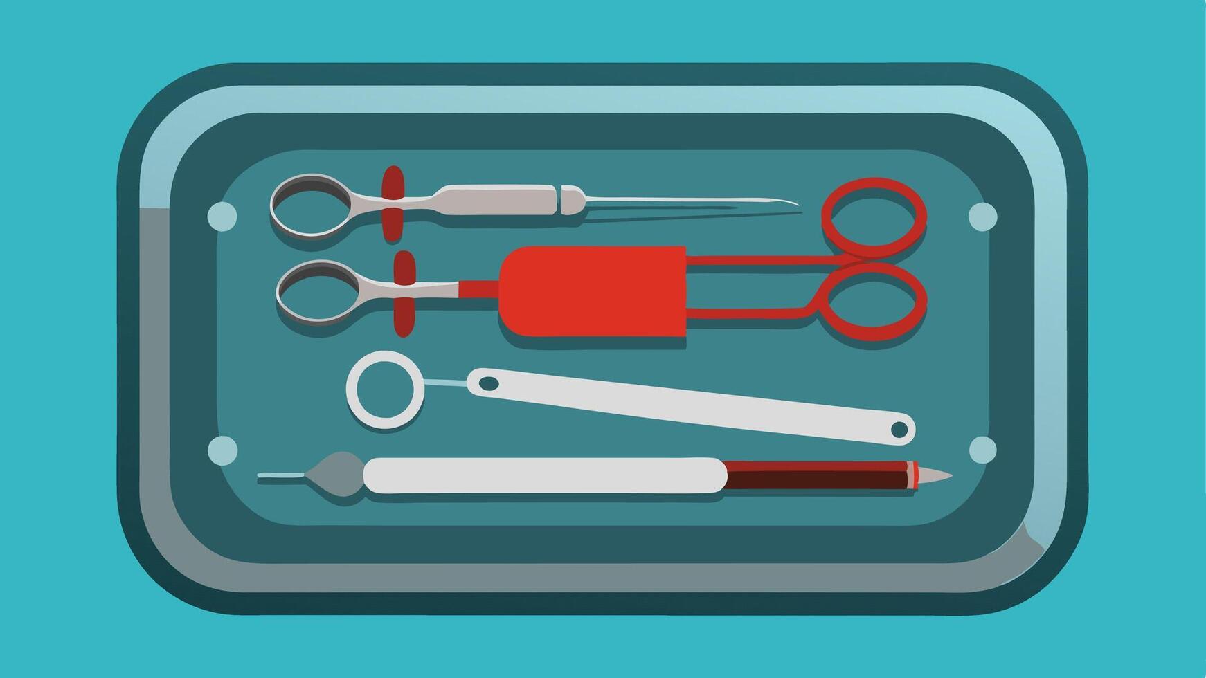 Tools of the Trade A closeup view of a stainless steel tray filled with various autopsy tools like scalpels forceps and scissors.. vector