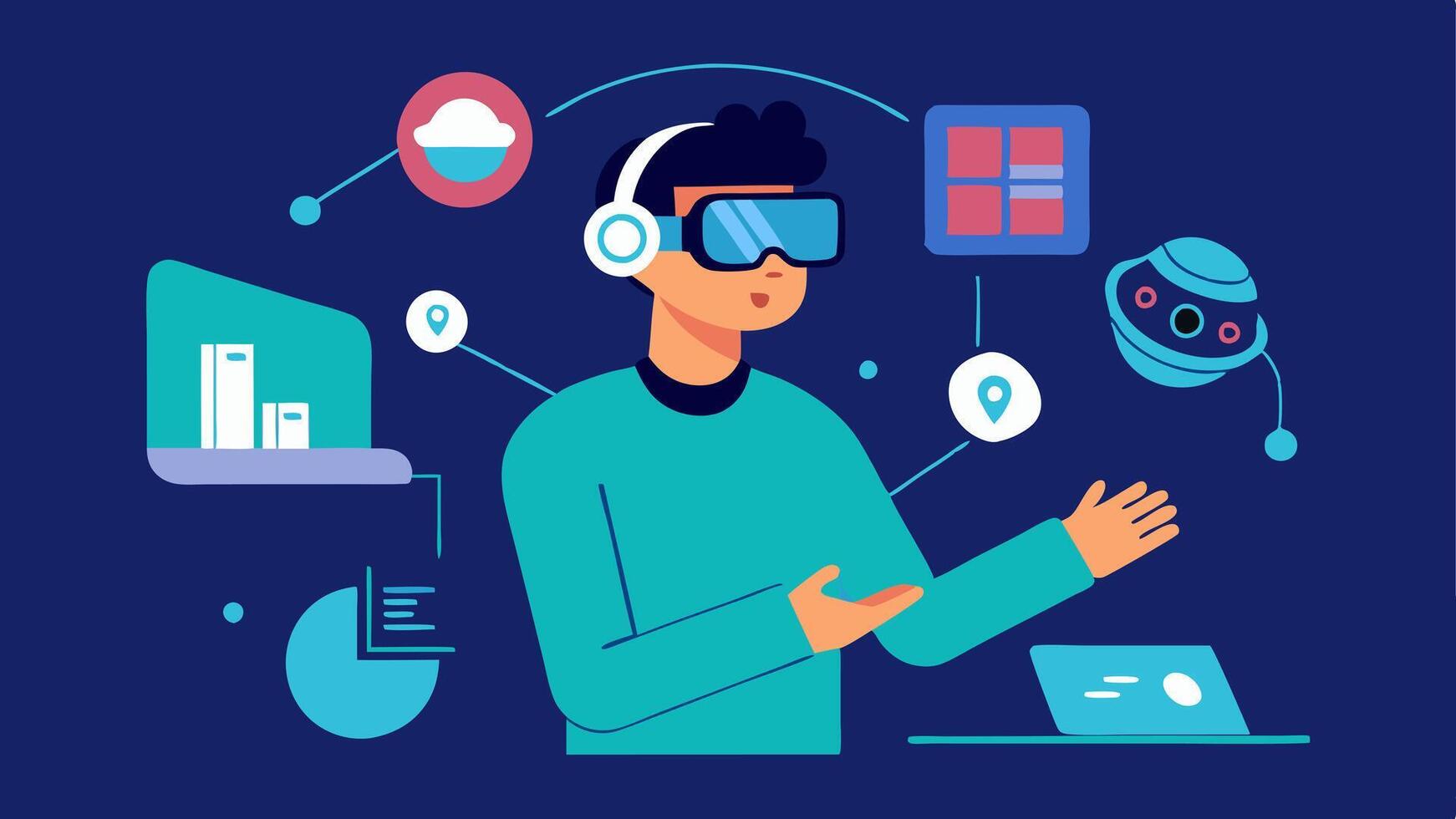 Virtual Reality Design A designer wearing a VR headset manipulating 3D models of smart devices with voice interface features in a virtual workspace.. vector