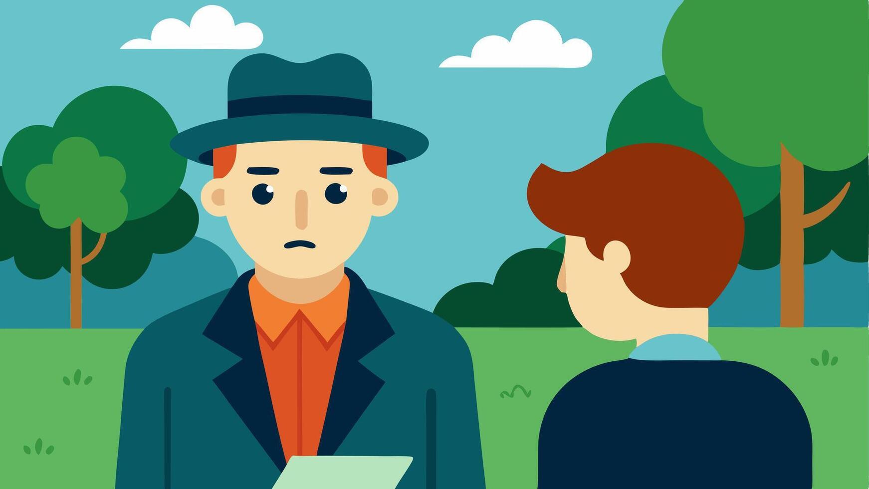 Witness Statement A detective attentively listening to a witness in a quiet park setting notebook open for notes with concerned expressions visible on both faces.. vector