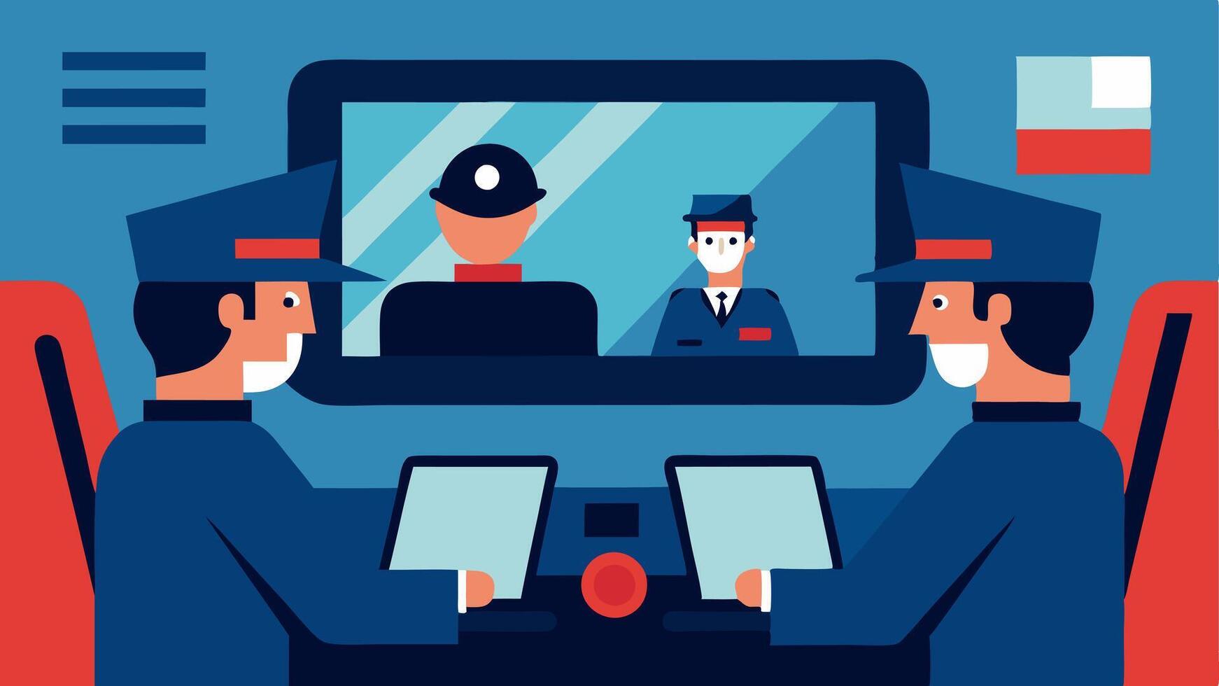 Team Discussion Two officers in the van discussing the suspects behavior while looking at feeds on their screens.. vector