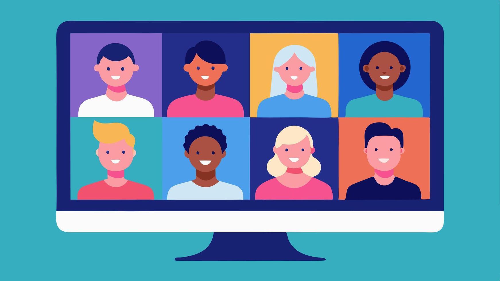 Virtual Group Therapy A grid of faces on a computer screen depicting a virtual group therapy session where individuals share and support each other remotely.. vector