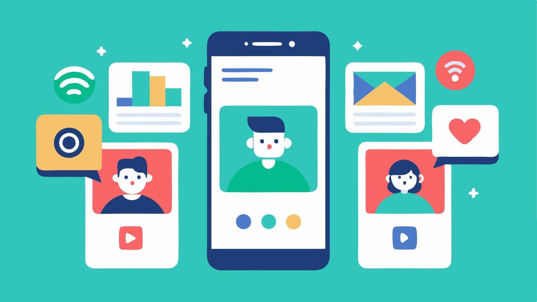 Social Media Feeds A series of stylized social media feeds showing diverse types of content images videos polls on mobile device screens.. vector