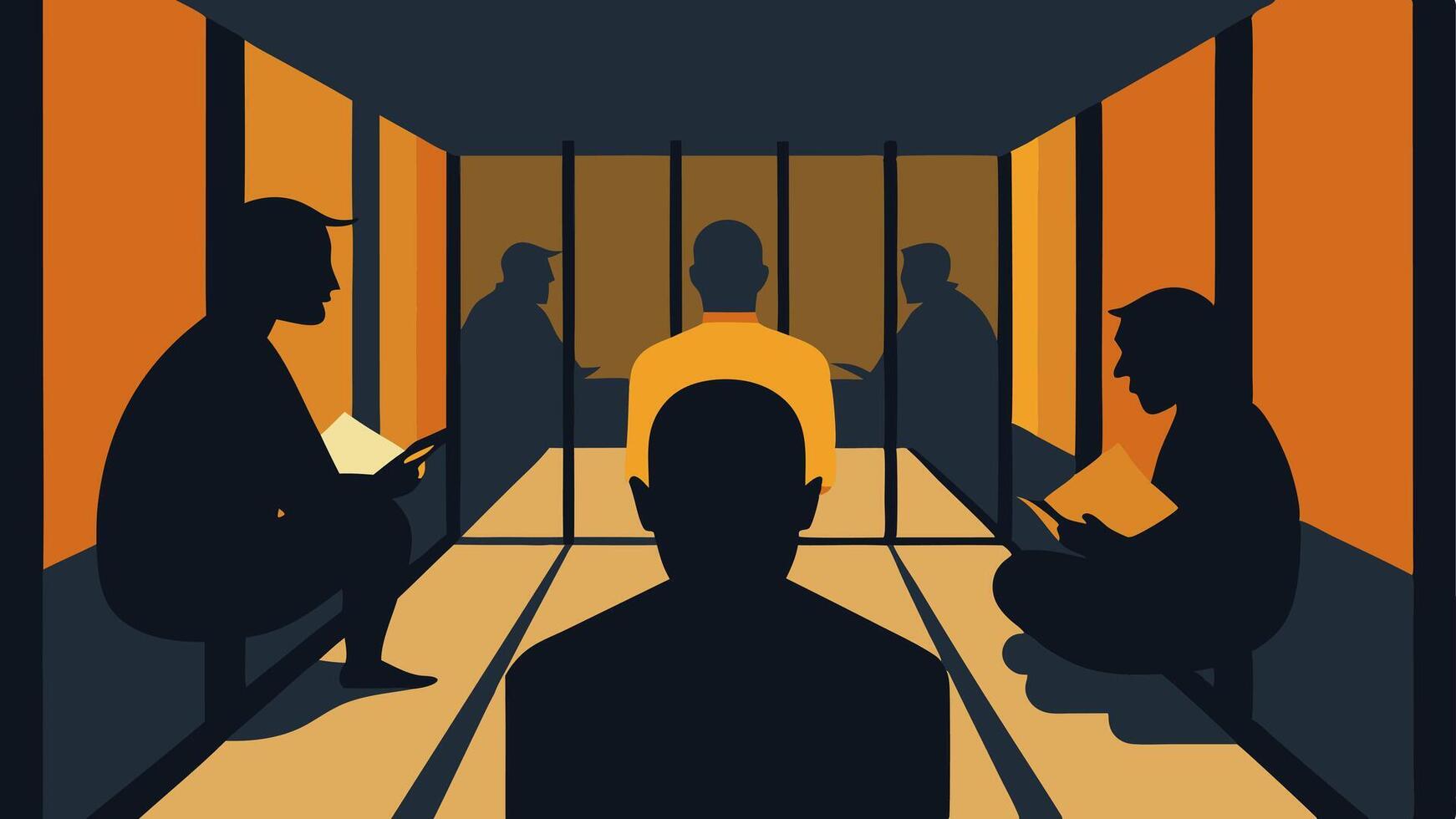 Shadowy Figures Giessshapes of inmates viewed from the corridor through the bars each engaged in different activitiessome lying down others reading.. vector