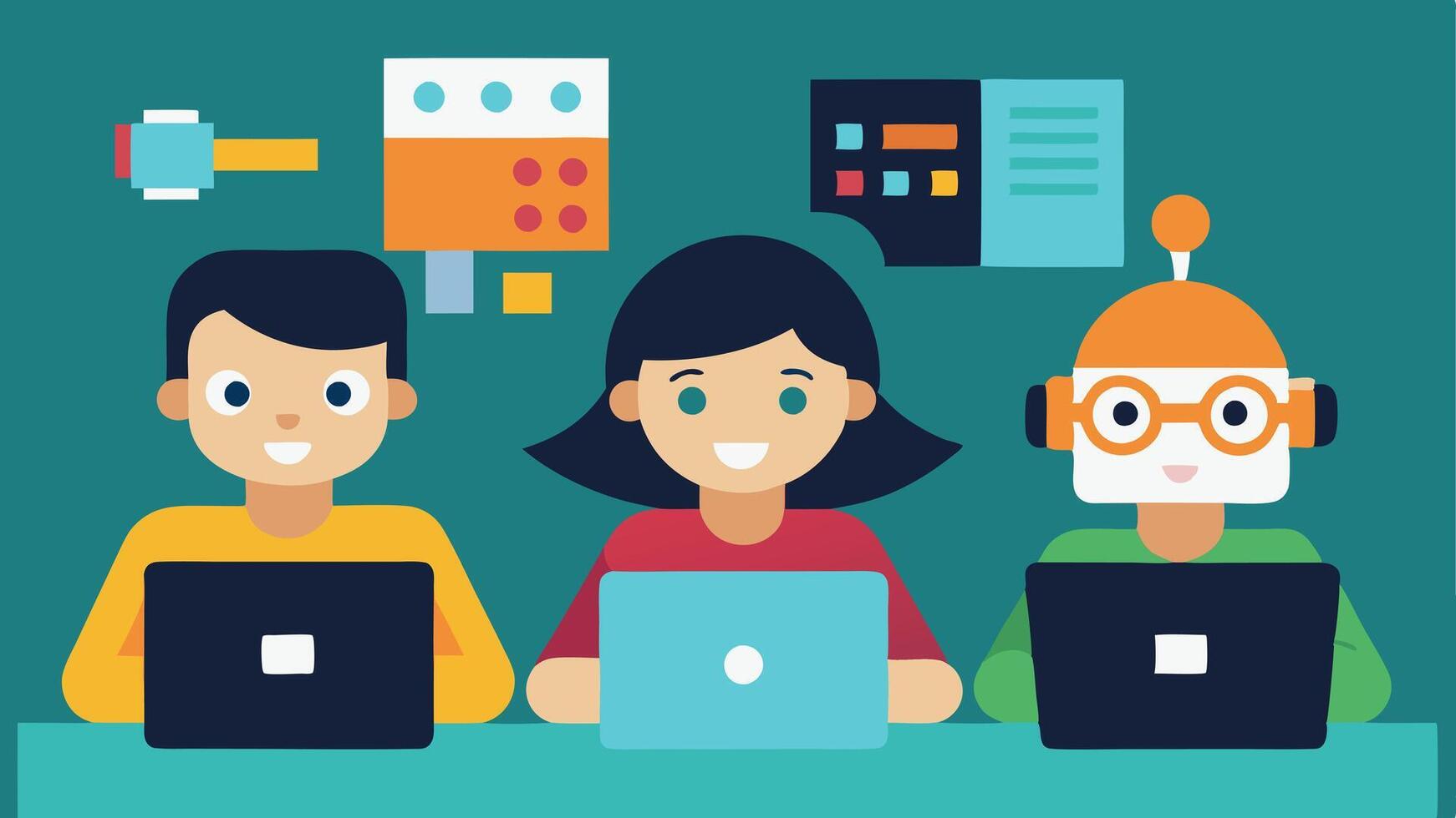 tecnología comprensión niños un escena exhibiendo niños utilizando laptops y codificación con divertido gráficos representando codificación bloques y robots ilustrando aprendizaje en el digital edad.. vector