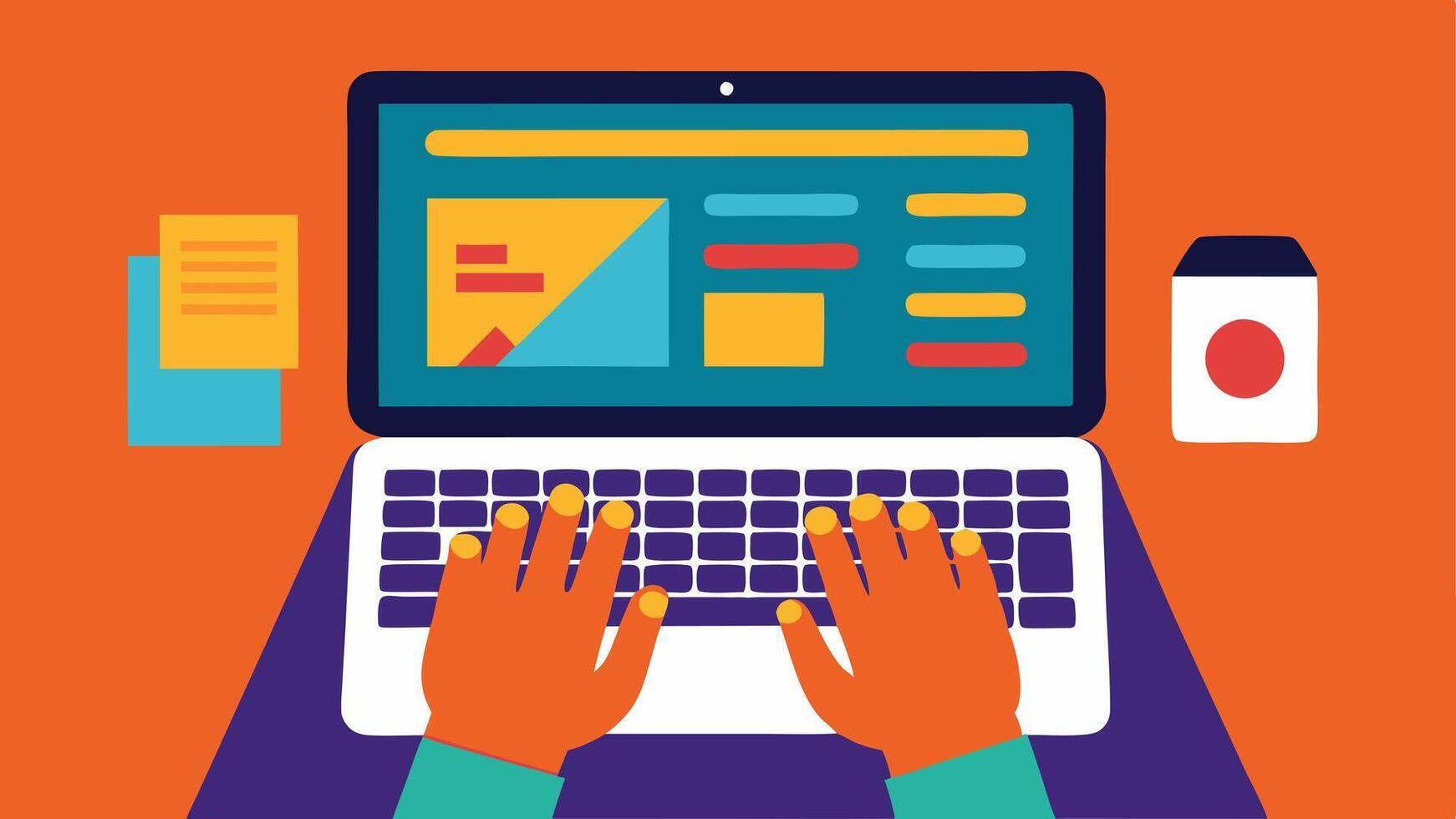 Typing Away A closeup of hands typing on a laptop keyboard with a screen displaying vibrant product images and compelling text symbolizing the art of crafting descriptions.. vector