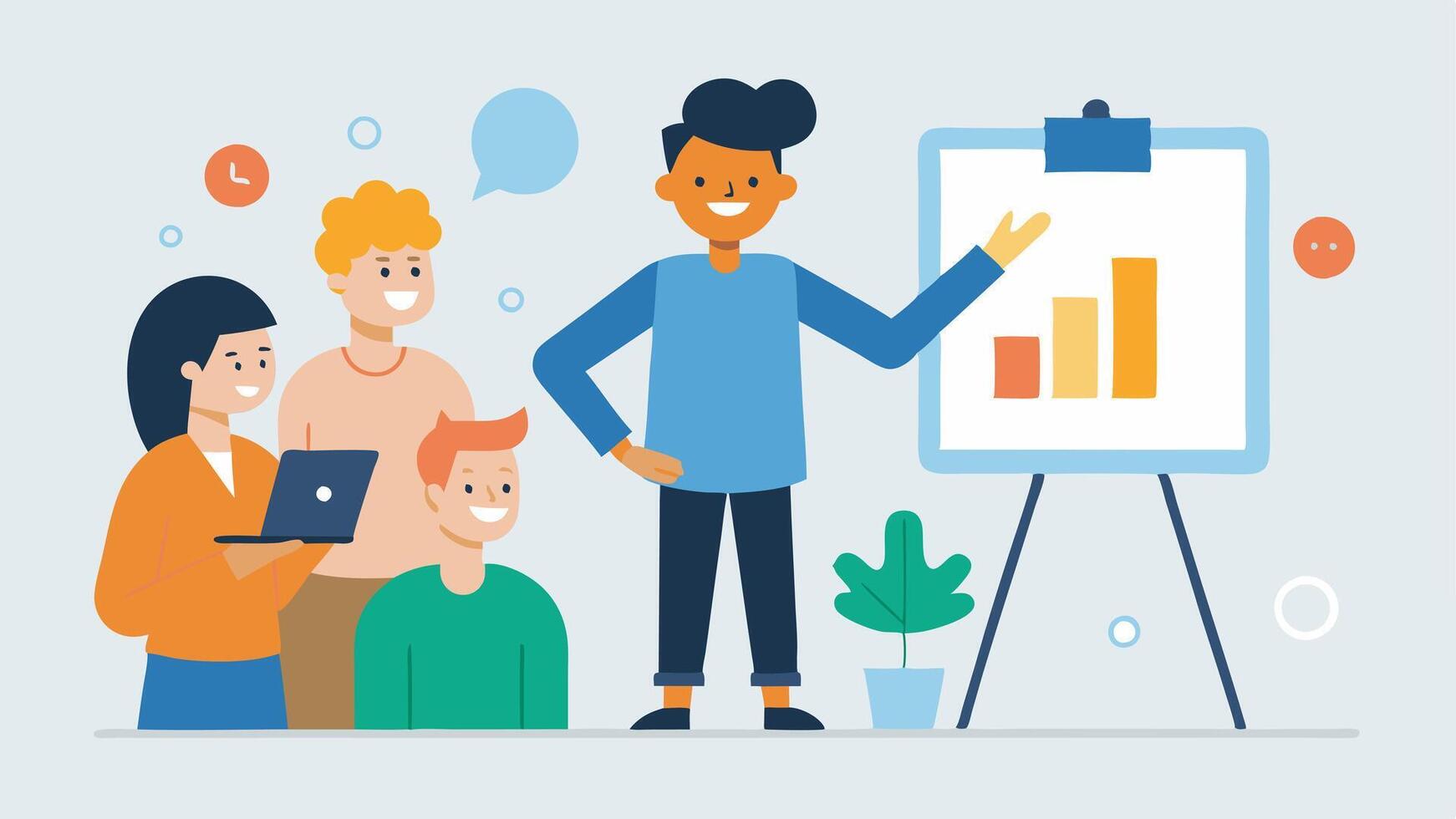 Workshop Host A cheerful influencer at a small workshop gesturing to a flipchart filled with investment strategies while a diverse audience takes notes.. vector